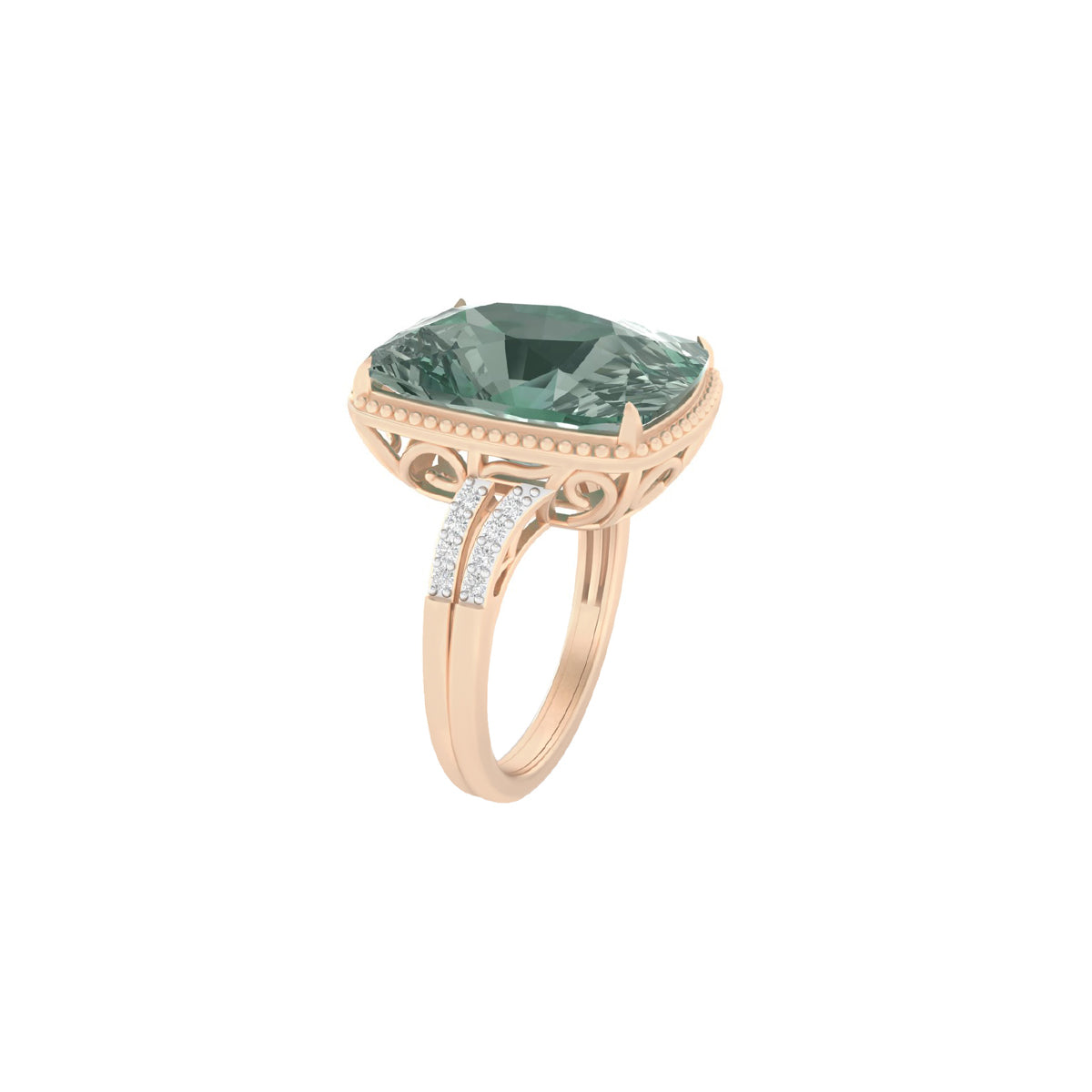 Green Amethyst Ring with White Diamond in 14Kt Gold 10.34cts