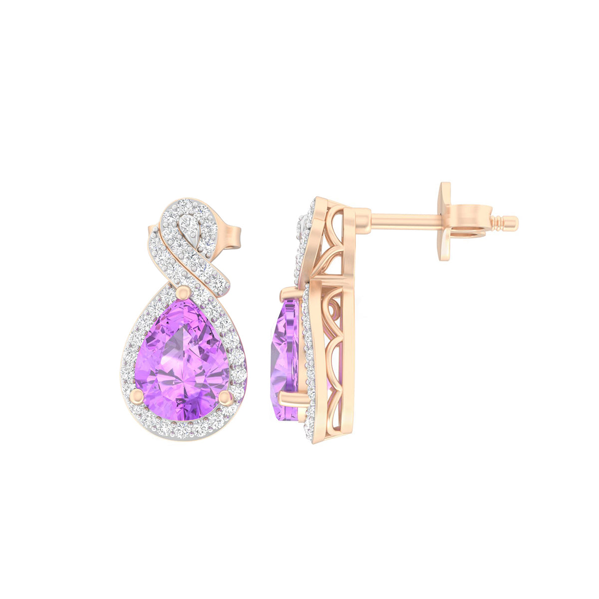 Pink Amethyst Stud Earrings with White Diamond in 18Kt Gold 2.46cts