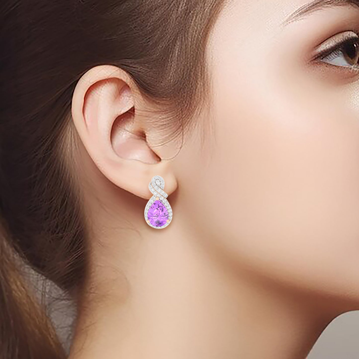 Pink Amethyst Stud Earrings with White Diamond in 18Kt Gold 2.46cts