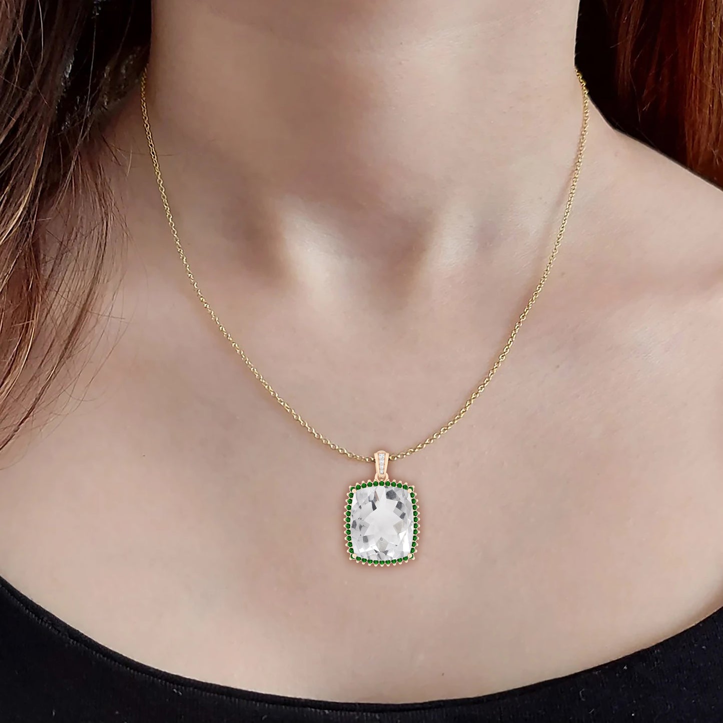 Crystal Quartz and Chrome Diopside Pendant with White Diamond in 14Kt Gold 23.57cts