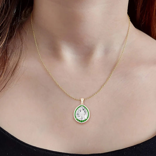 Crystal Quartz and Chrome Diopside Pendant with White Diamond in 14Kt Gold 21.23cts