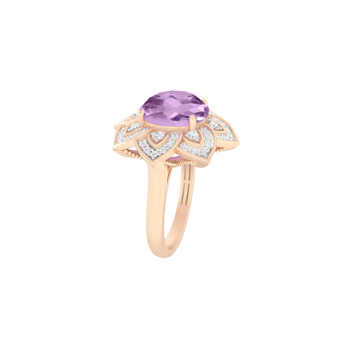 Pink Amethyst Ring with White Diamond in 18Kt Gold 3.51cts