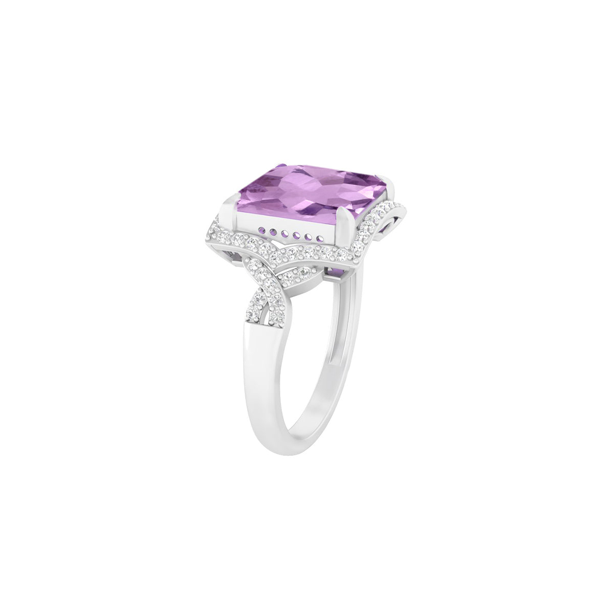 Pink Amethyst Ring with White Diamond in 18Kt White Gold 4.11cts