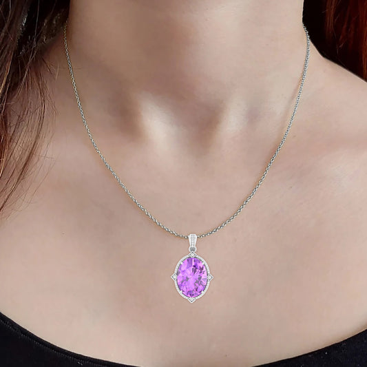 Pink Amethyst Pendant with White Diamond in 18Kt White Gold 18.69cts