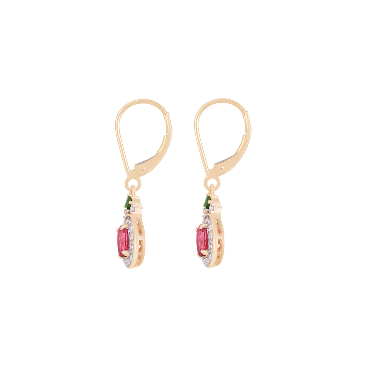 Pink & Green Tourmaline Earrings with White Diamond in 14KT Gold 1.34cts.