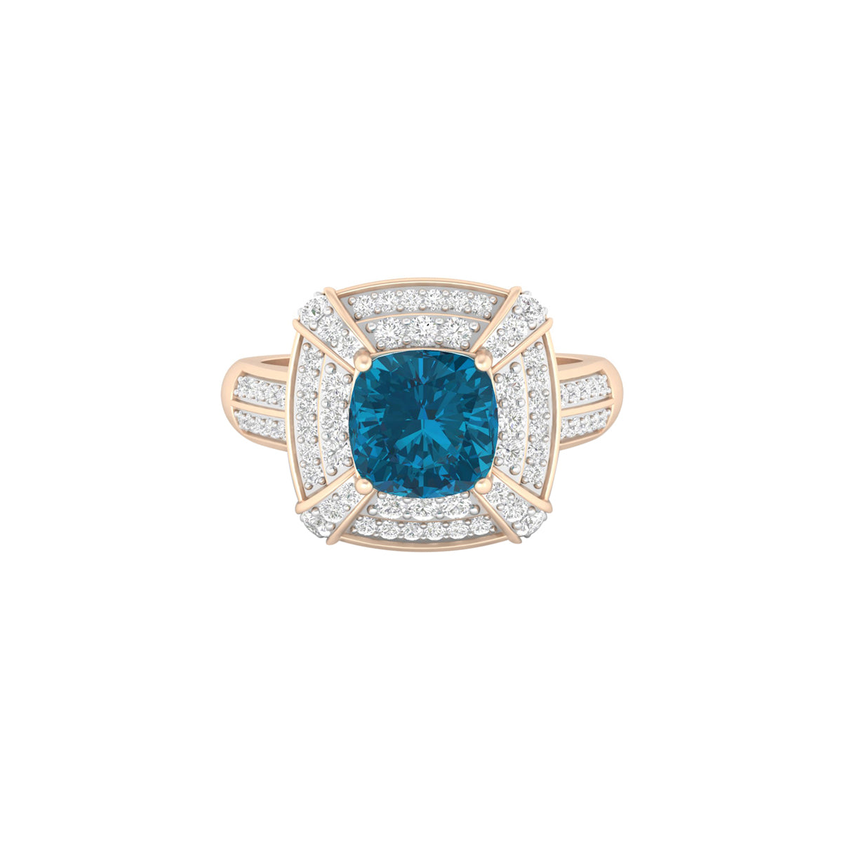 London Blue Topaz Ring with White Diamond in 18Kt Gold 2.08cts