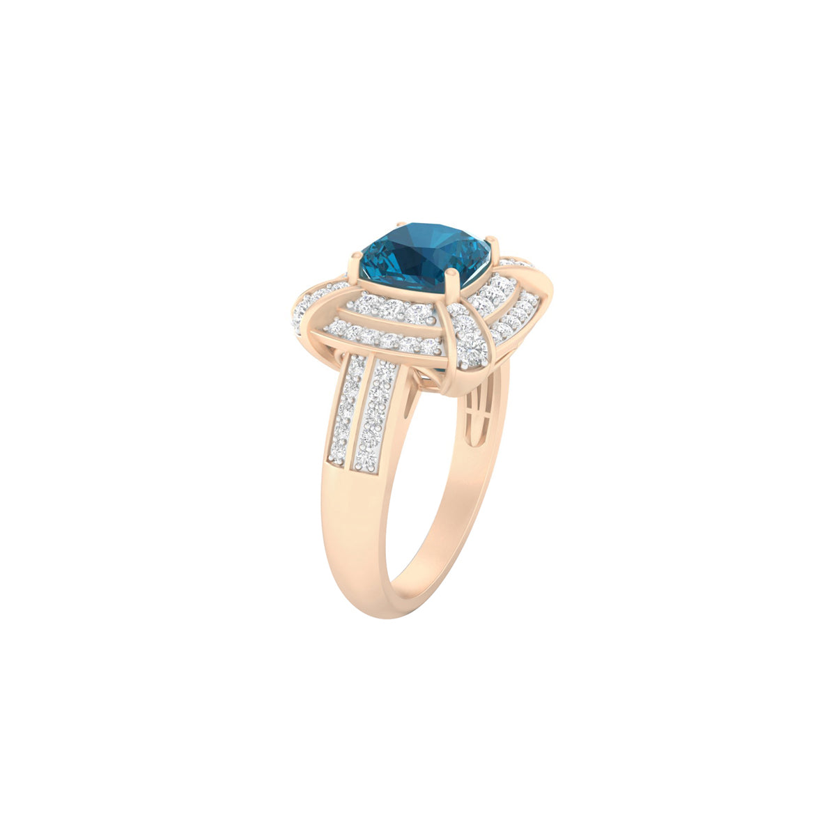 London Blue Topaz Ring with White Diamond in 18Kt Gold 2.08cts