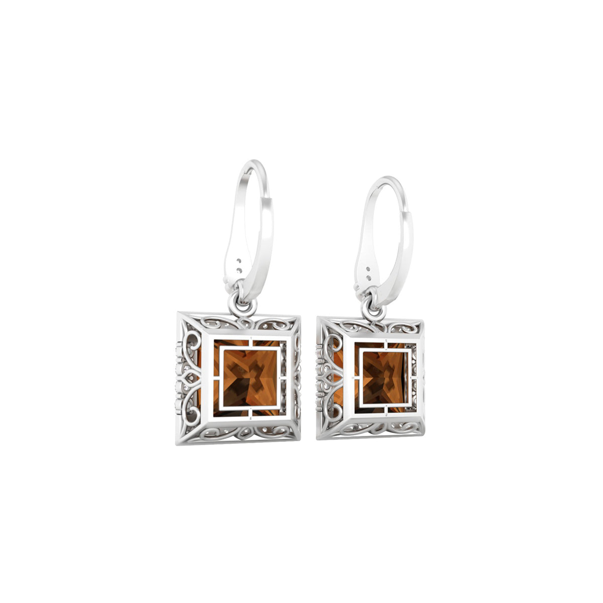 Smokey Quartz Dangle Earrings with White Diamond in 18Kt White Gold 11.96cts