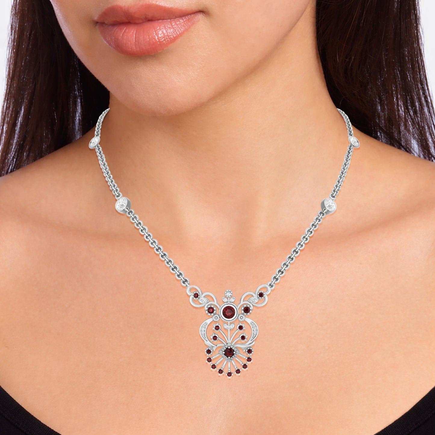 Red Garnet Necklace with White Diamond in Platinum 950  0.98cts.