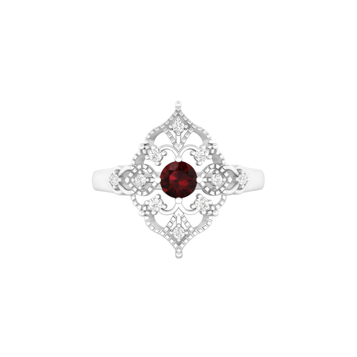 Red Garnet Ring with White Diamond in Platinum 950 0.47cts.