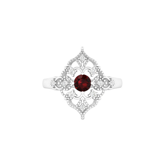 Red Garnet Ring with White Diamond in Platinum 950 0.47cts.