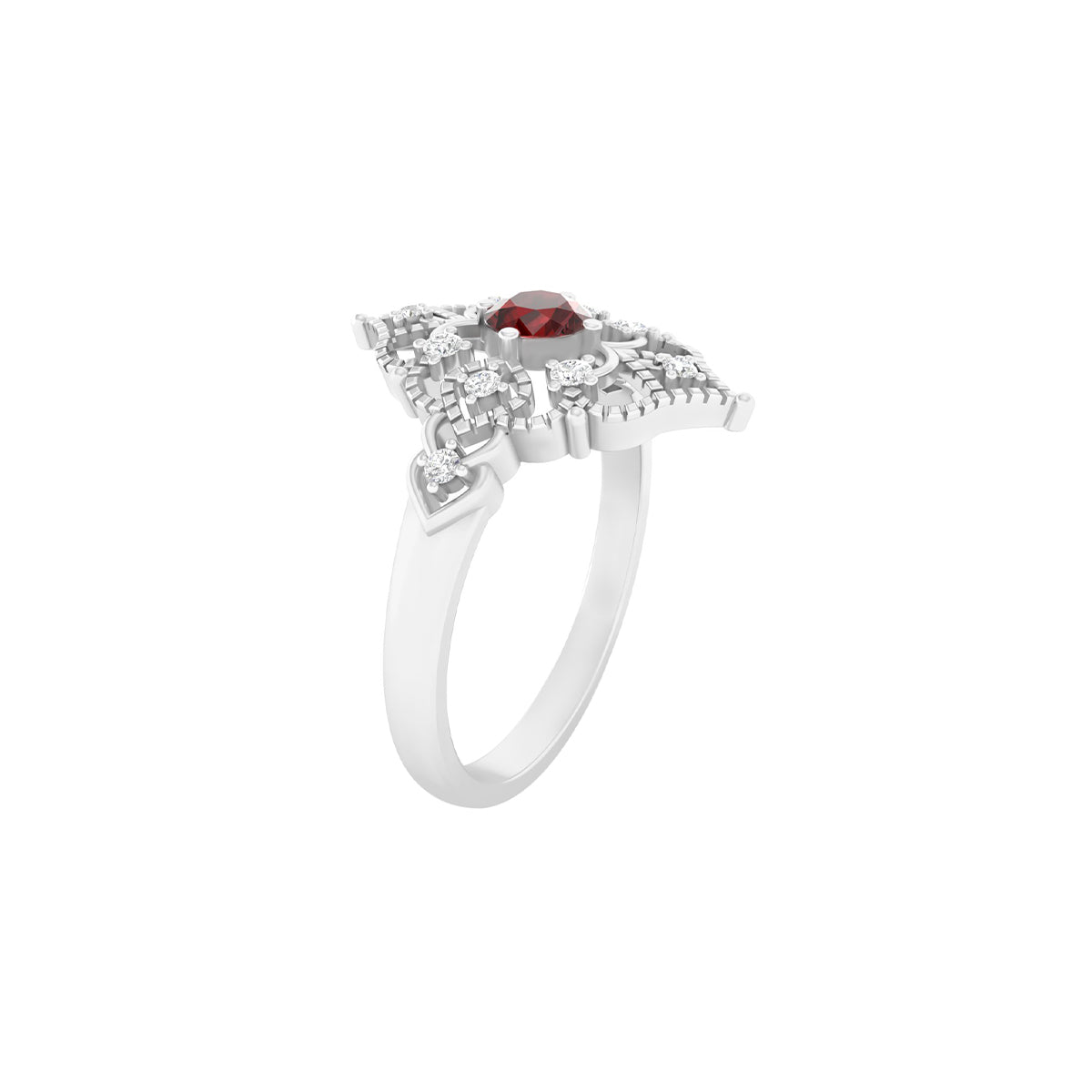 Red Garnet Ring with White Diamond in Platinum 950 0.47cts.