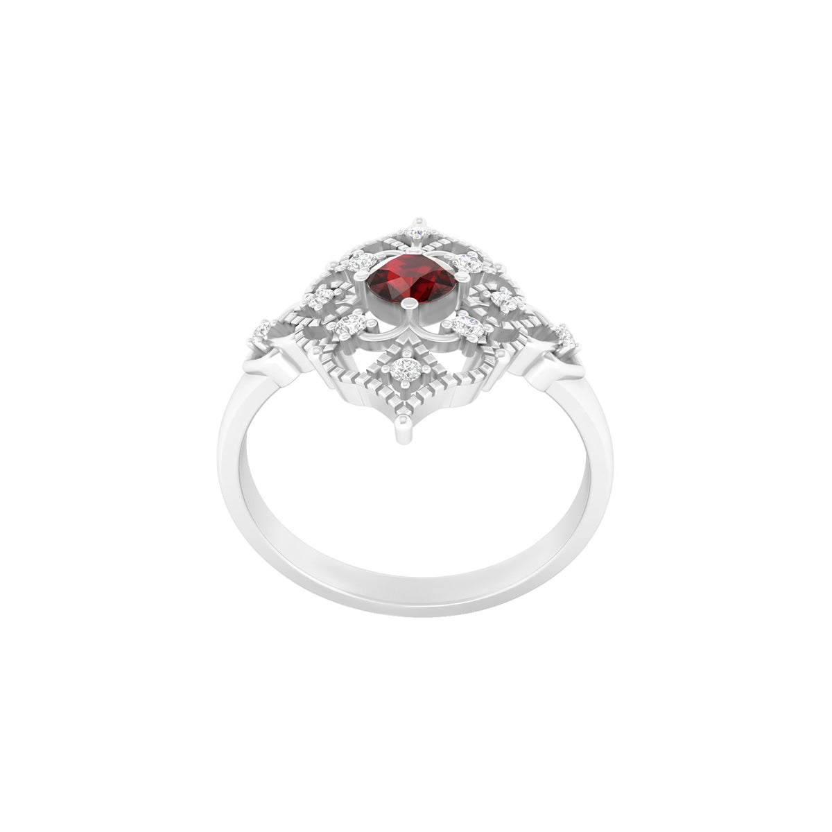 Red Garnet Ring with White Diamond in Platinum 950 0.47cts.