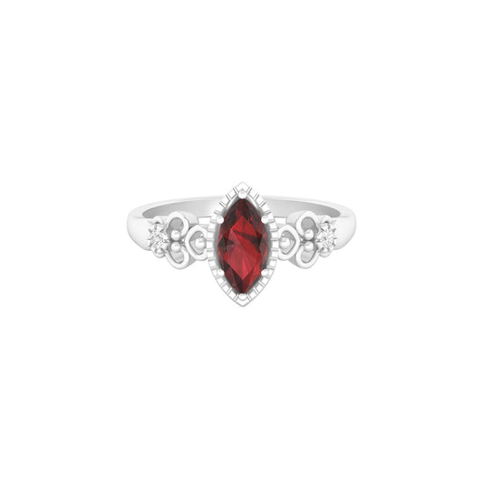 Red Garnet Ring with White Diamond in Platinum 950 0.68cts.