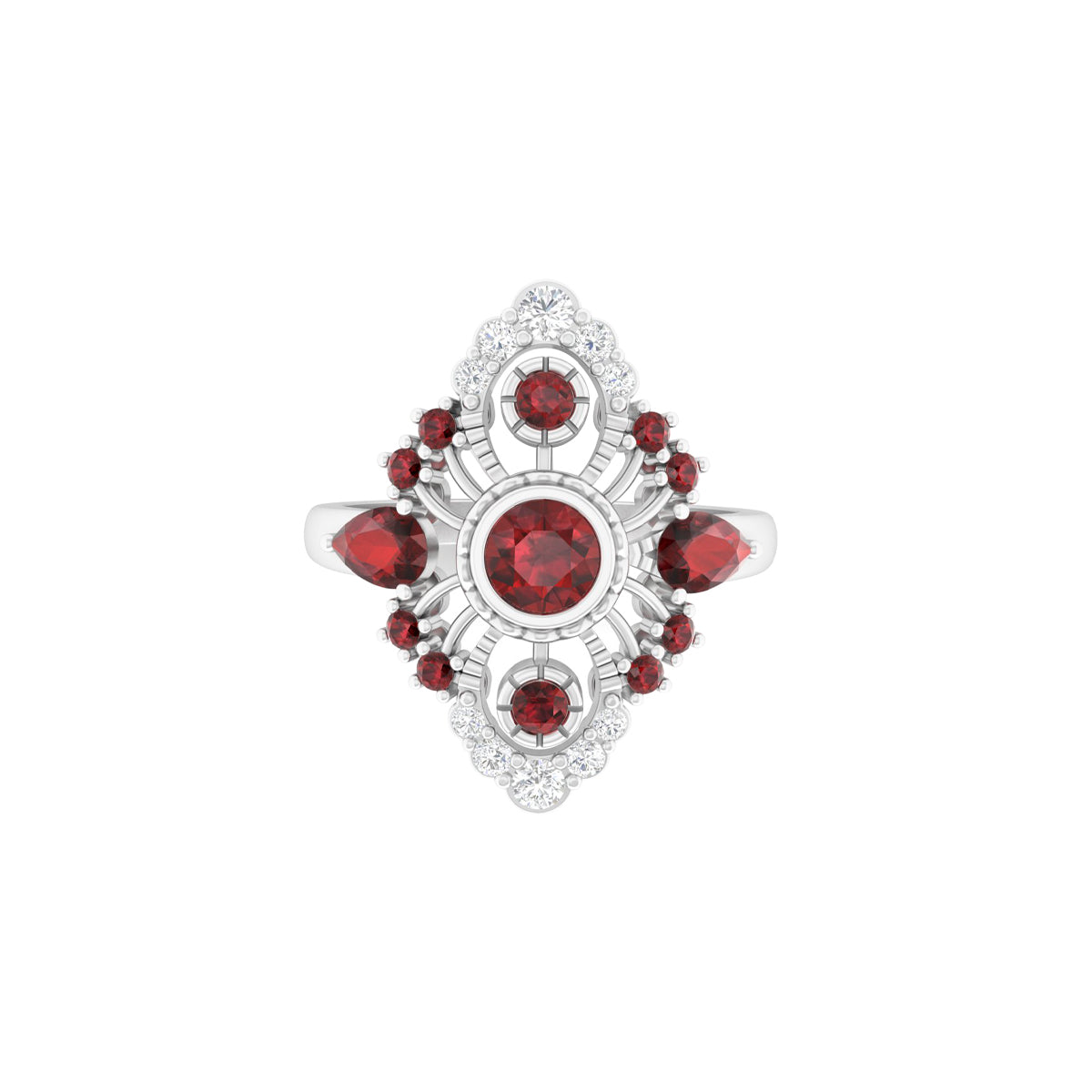 Red Garnet Ring with White Diamond in Platinum 950  1.31cts.