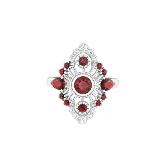 Red Garnet Ring with White Diamond in Platinum 950  1.31cts.