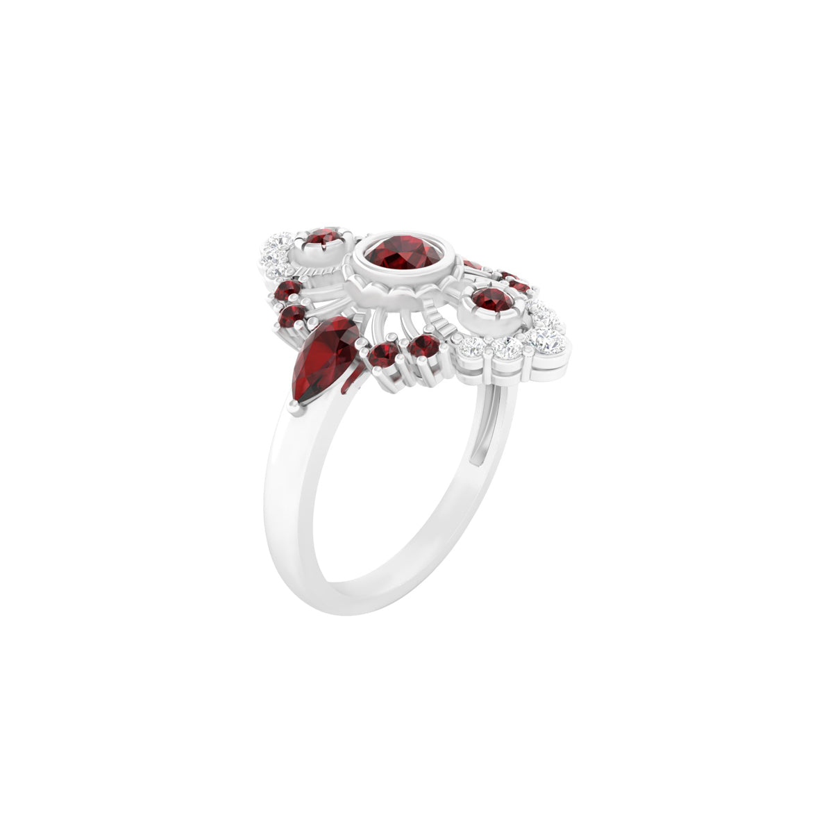 Red Garnet Ring with White Diamond in Platinum 950  1.31cts.