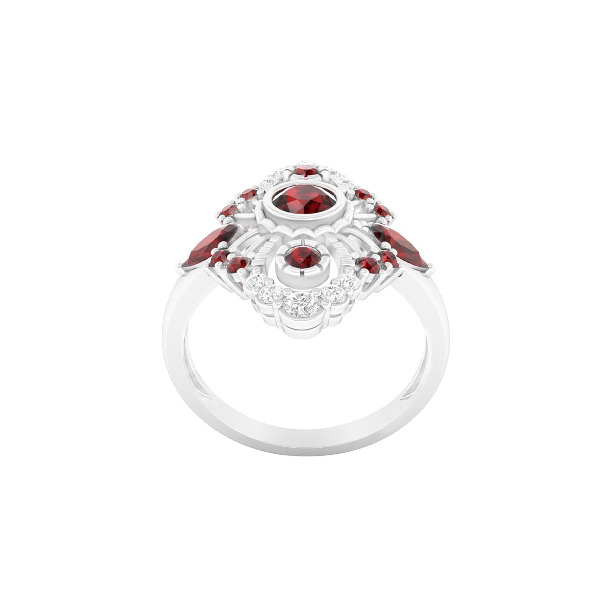 Red Garnet Ring with White Diamond in Platinum 950  1.31cts.
