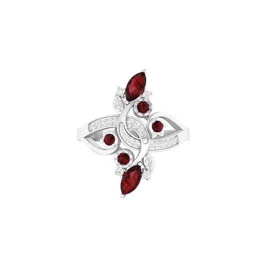 Red Garnet Ring with White Diamond in Platinum 950  1.01cts.