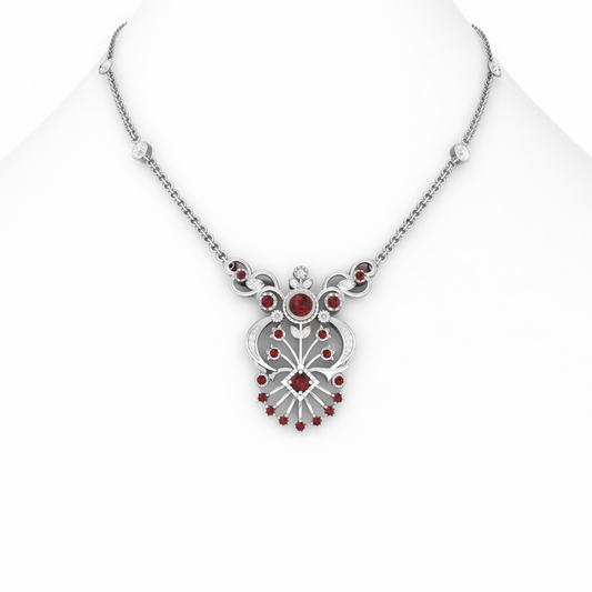 Red Garnet Necklace with White Diamond in Platinum 950  0.98cts.