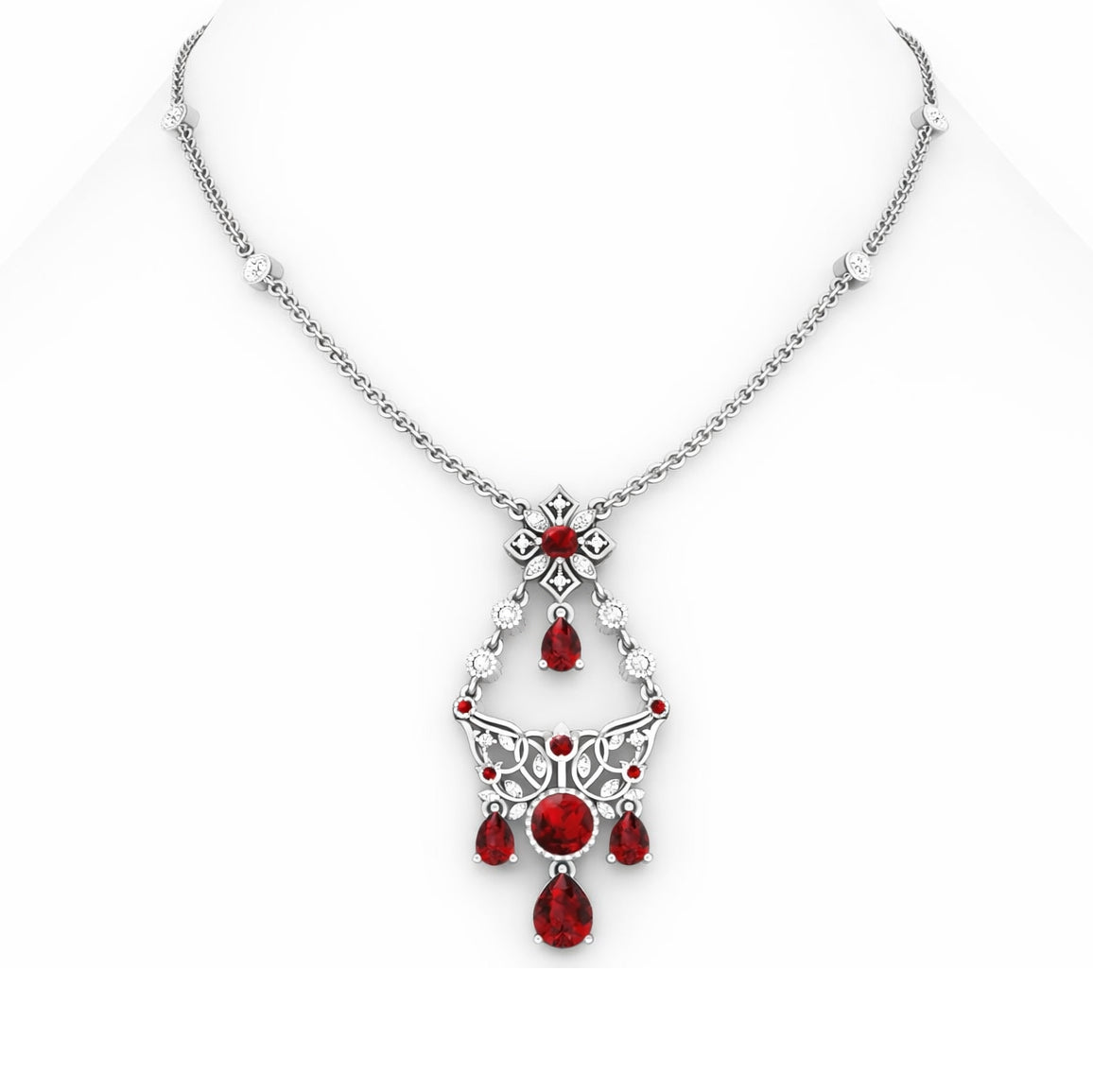 Red Garnet Necklace with White Diamond in Platinum 950  4.86cts.