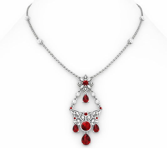 Red Garnet Necklace with White Diamond in Platinum 950  4.86cts.