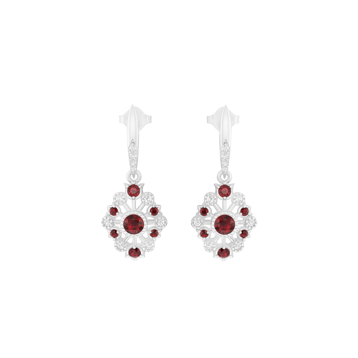 Red Garnet Earrings with White Diamond in Platinum 950  1.53cts.