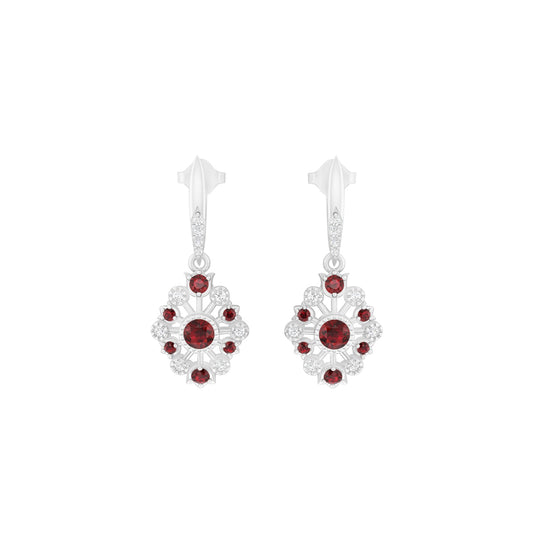 Red Garnet Earrings with White Diamond in Platinum 950  1.53cts.