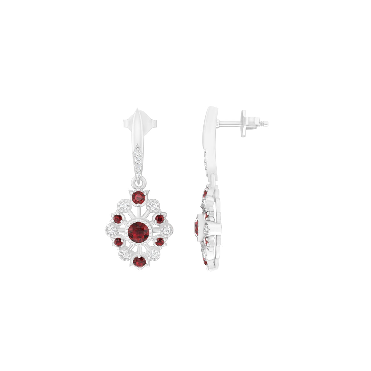Red Garnet Earrings with White Diamond in Platinum 950  1.53cts.