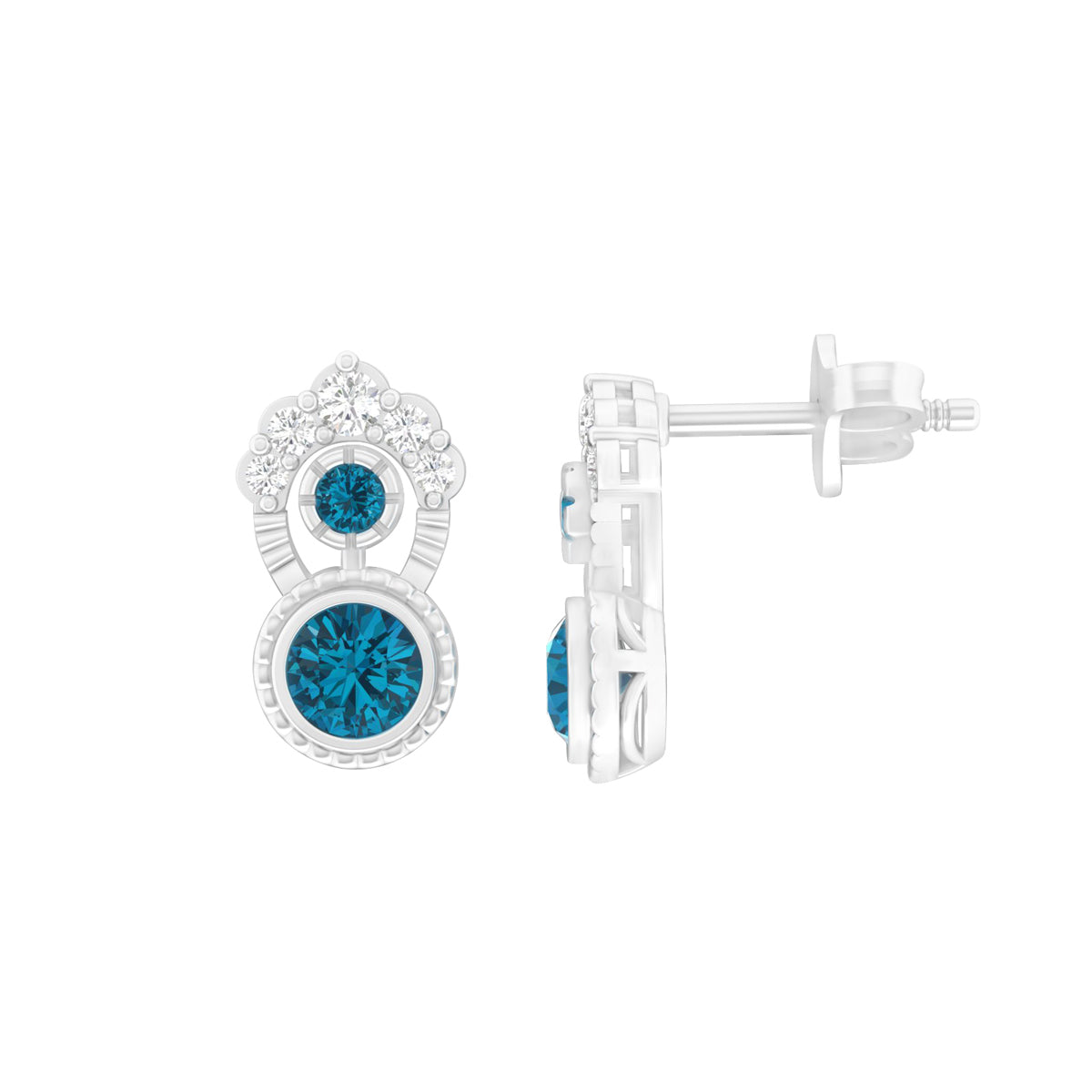 London Blue Topaz Earrings with White Diamond in Platinum 950  0.87cts.