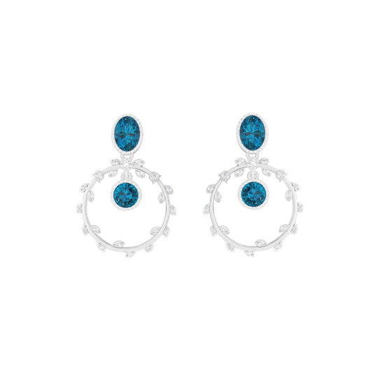 London Blue Topaz Earrings with White Diamond in Platinum 950  3.60cts.