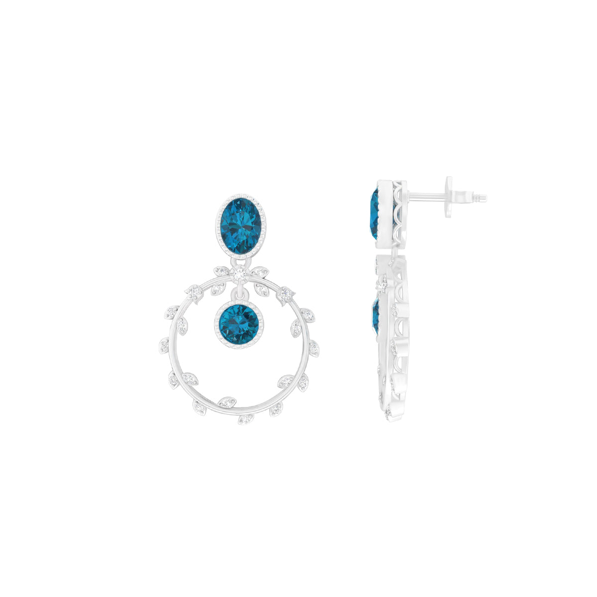 London Blue Topaz Earrings with White Diamond in Platinum 950  3.60cts.