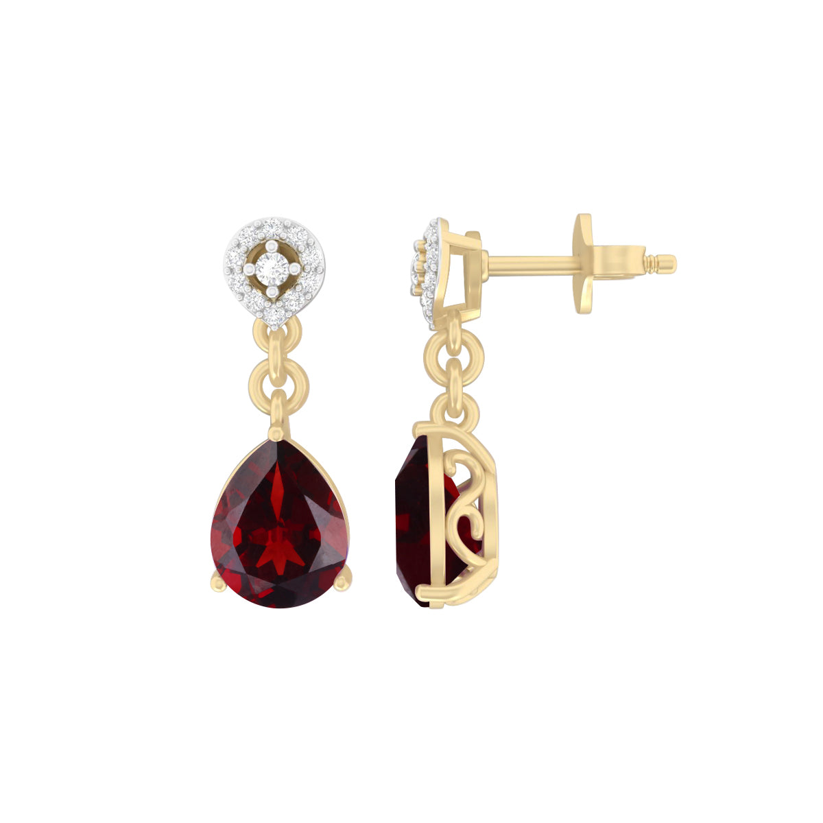 Red Garnet Earrings with White Diamond in 18Kt Gold 3.76cts