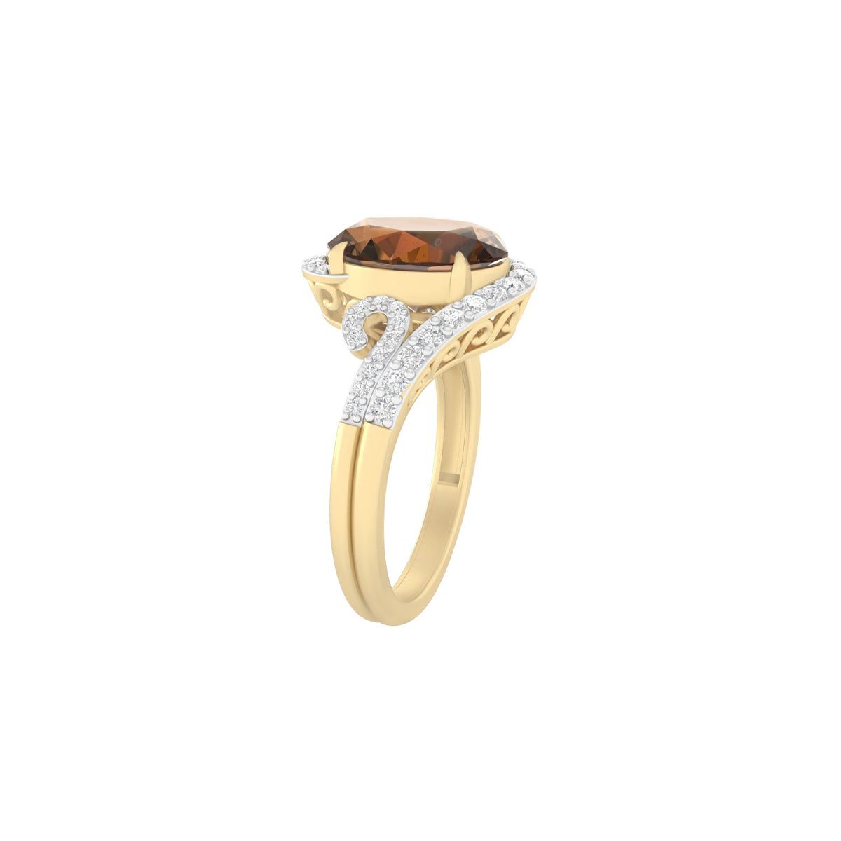 Smokey Quartz Ring with White Diamond in 18Kt Gold 3.50cts