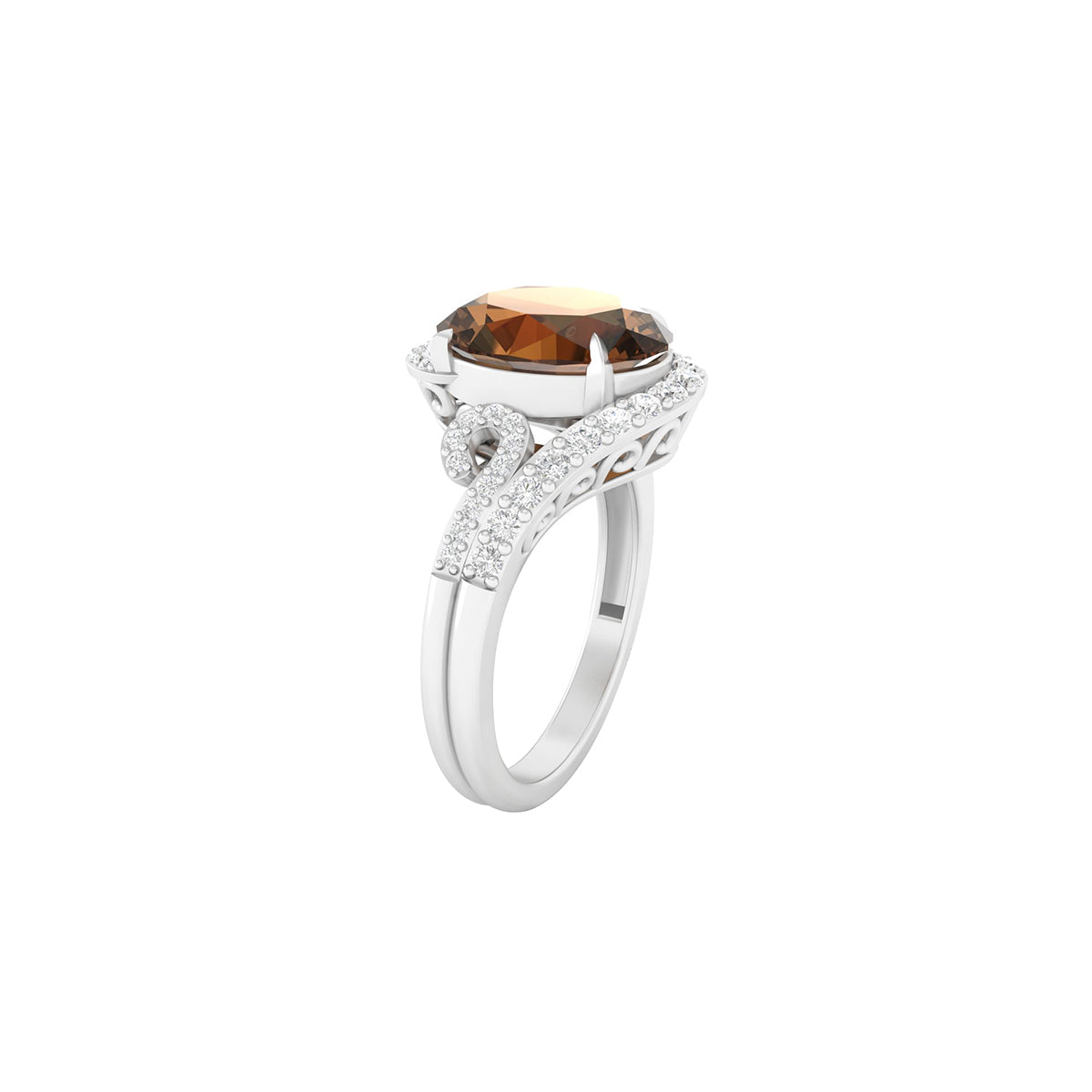 Smokey Quartz Ring with White Diamond in 18Kt White Gold 3.50cts