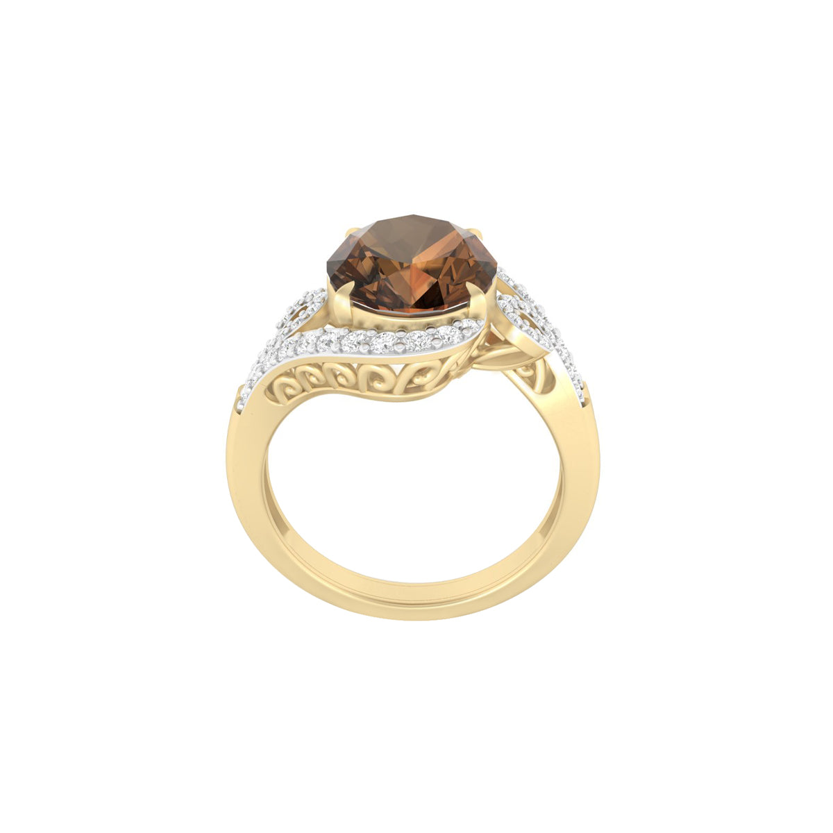 Smokey Quartz Ring with White Diamond in 18Kt Gold 3.50cts