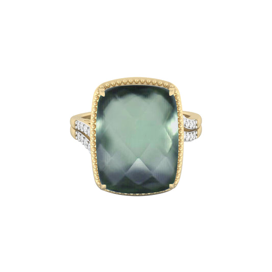 Green Amethyst Ring with White Diamond in 14Kt Gold 10.34cts