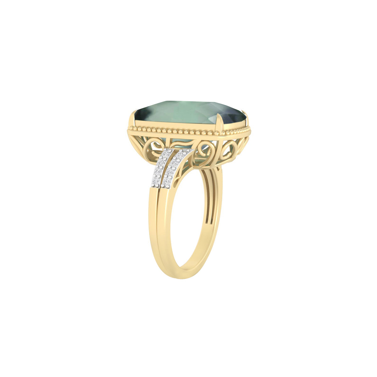Green Amethyst Ring with White Diamond in 14Kt Gold 10.34cts