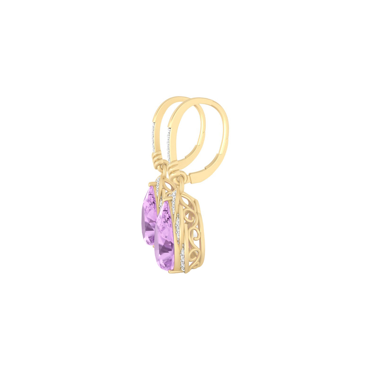 Pink Amethyst Earrings with White Diamond in 18Kt Gold 16.76cts
