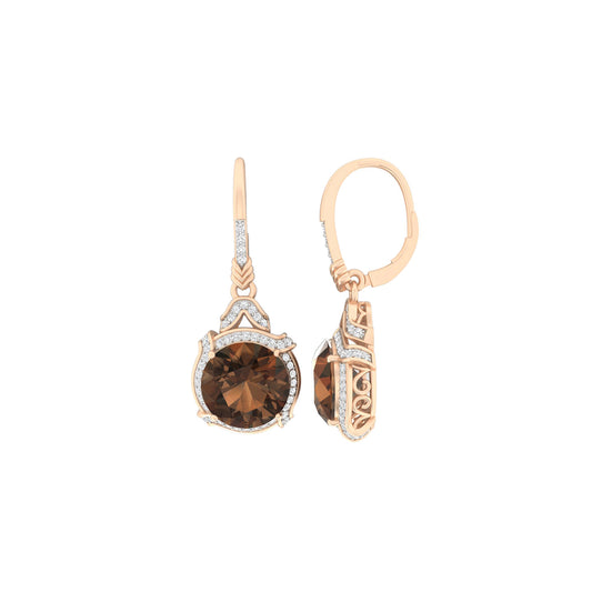 Smokey Quartz Dangle Earrings with White Diamond in 18Kt Gold 14.21cts
