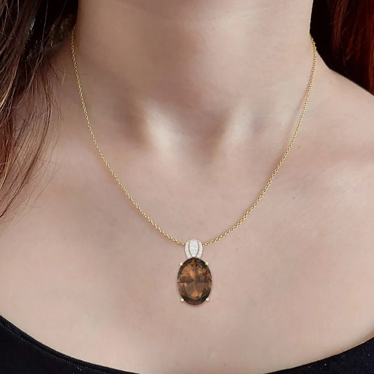 Smokey Quartz Pendant with White Diamond in 18Kt Gold 11.69cts