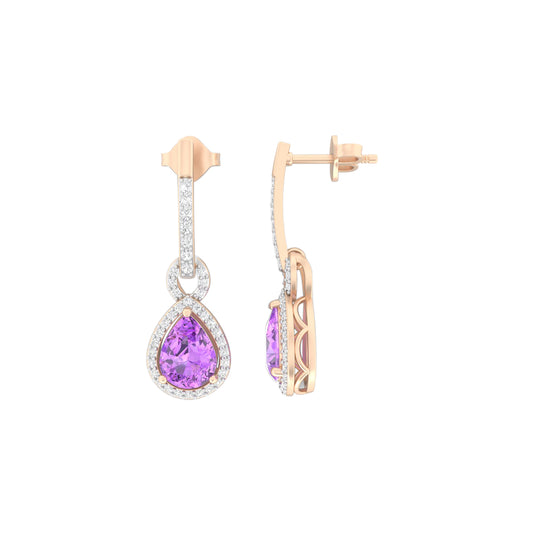 Amethyst Dangle Earrings with White Diamond in 18Kt Gold 2.53cts