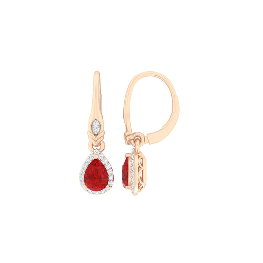 Red Apatite Dangle Earrings with White Diamond in 18Kt Gold 1.59cts