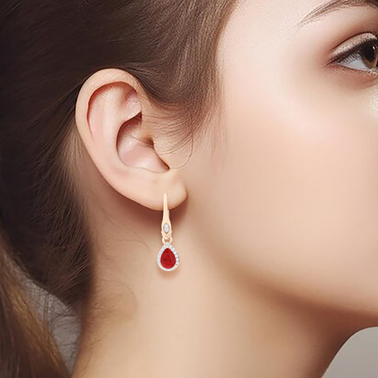 Red Apatite Dangle Earrings with White Diamond in 18Kt Gold 1.59cts