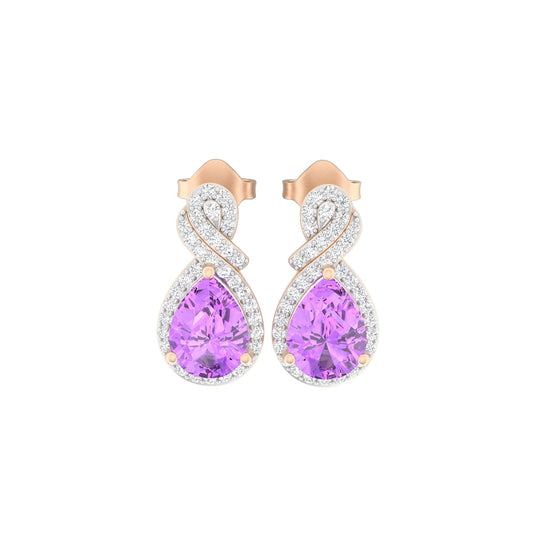 Pink Amethyst Stud Earrings with White Diamond in 18Kt Gold 2.46cts