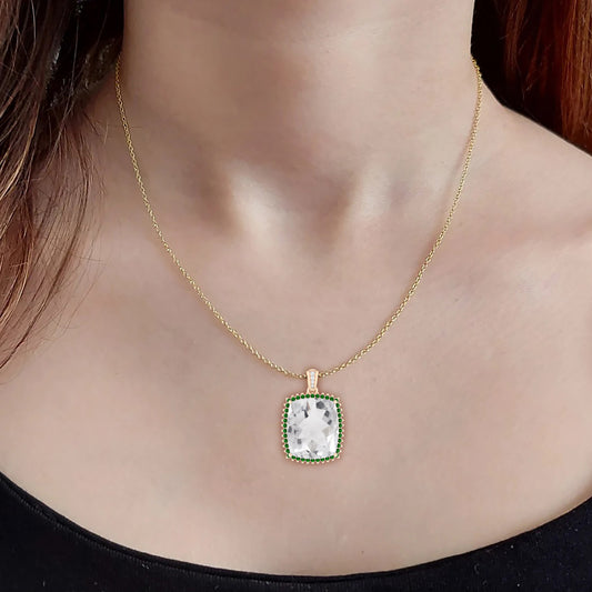 Crystal Quartz and Chrome Diopside Pendant with White Diamond in 14Kt Gold 23.57cts