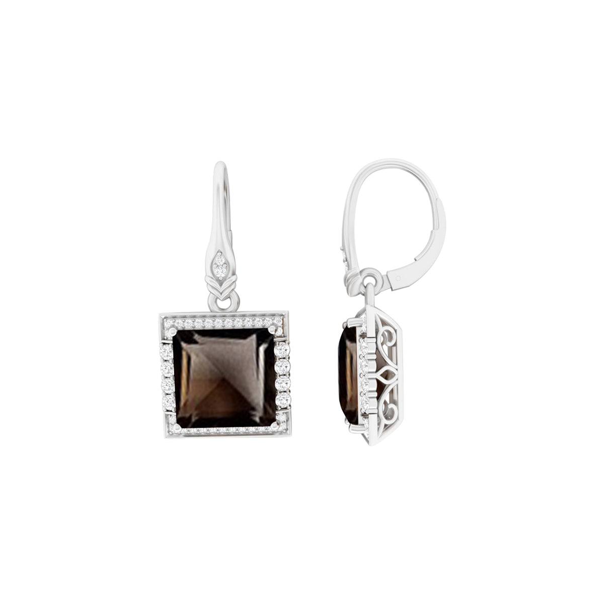 Smokey Quartz Dangle Earrings with White Diamond in 18Kt White Gold 11.96cts