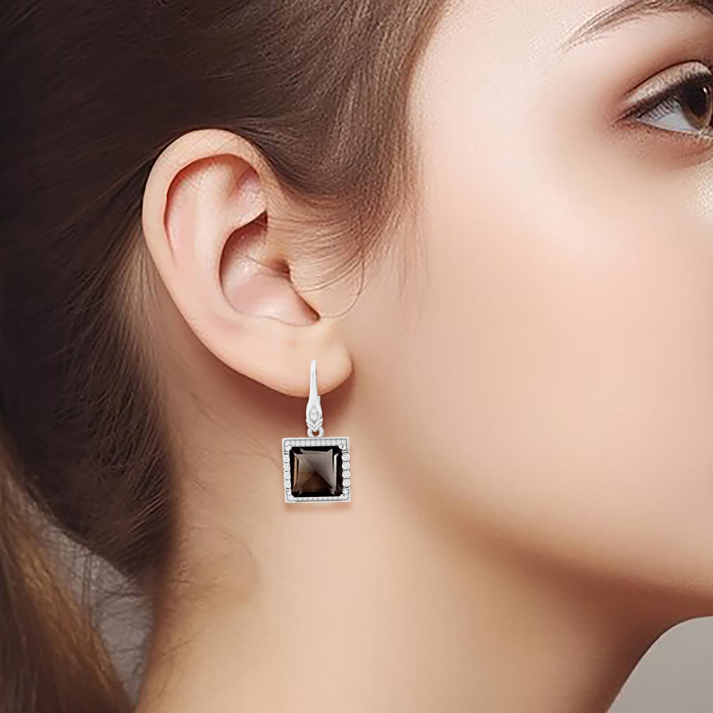 Smokey Quartz Dangle Earrings with White Diamond in 18Kt White Gold 11.96cts