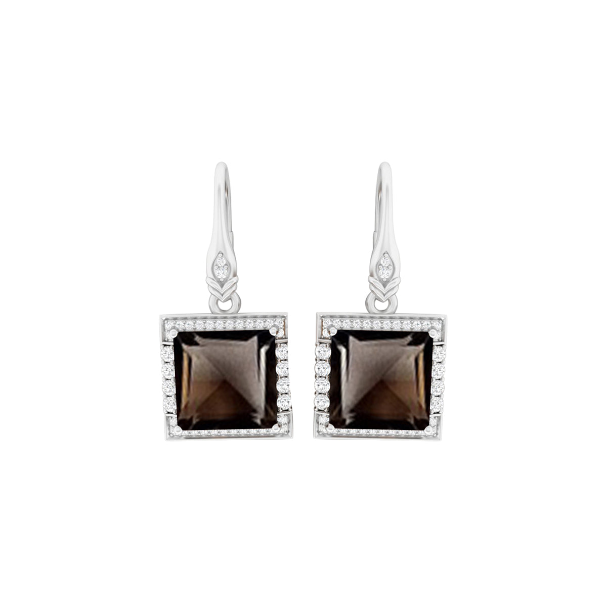 Smokey Quartz Dangle Earrings with White Diamond in 18Kt White Gold 11.96cts