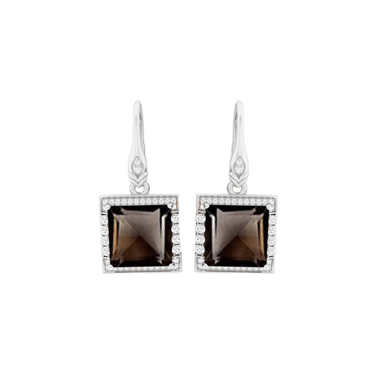 Smokey Quartz Dangle Earrings with White Diamond in 18Kt White Gold 11.96cts